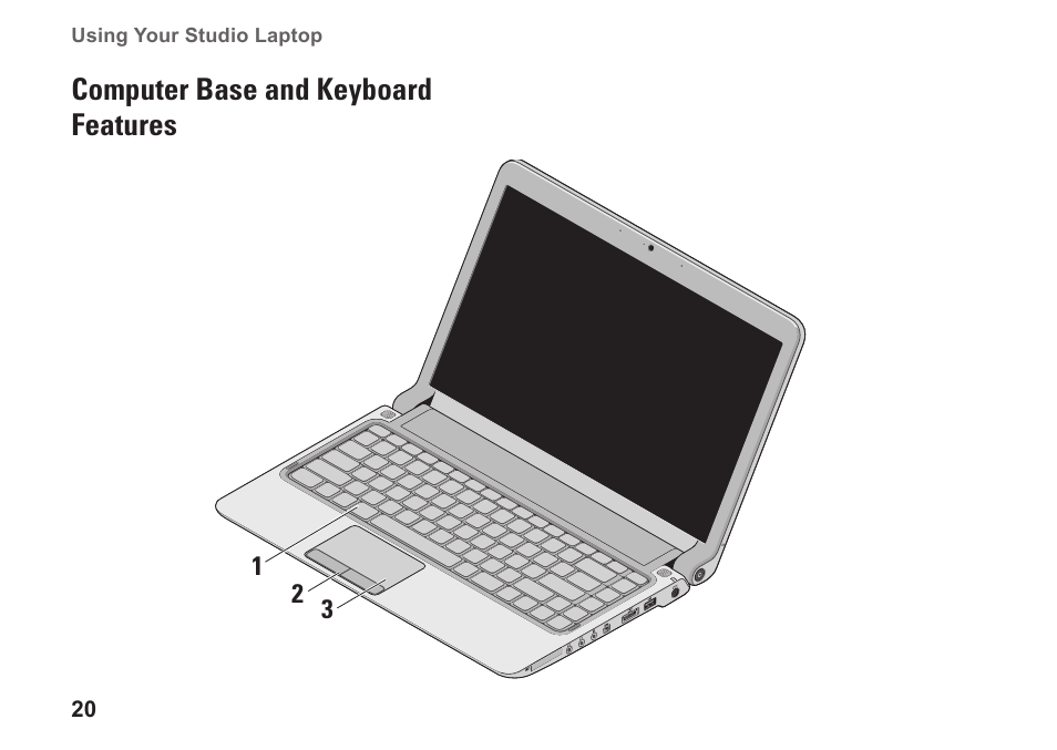 Computer base and keyboard features, Computer base and keyboard, Features | Dell Studio 1440 (Mid 2009) User Manual | Page 22 / 74