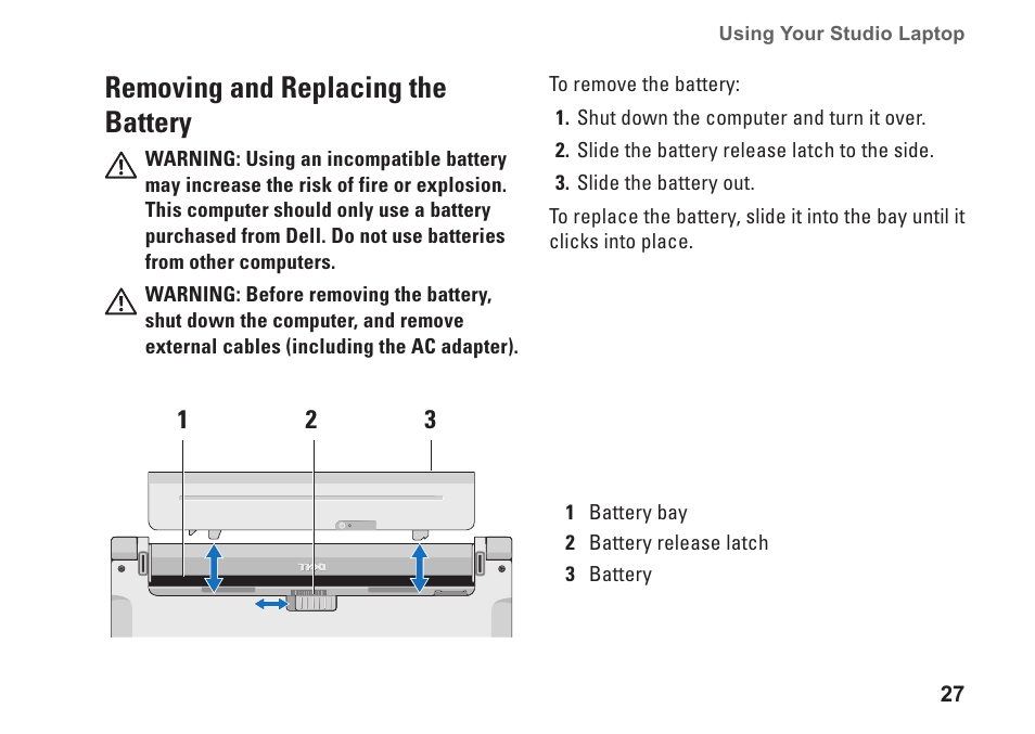 Removing and replacing the battery, Removing and replacing the, Battery | Dell Studio 1440 (Mid 2009) User Manual | Page 29 / 74