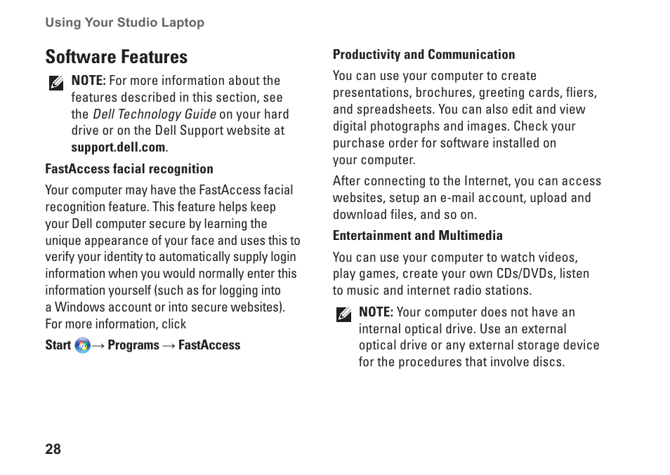 Software features | Dell Studio 1440 (Mid 2009) User Manual | Page 30 / 74