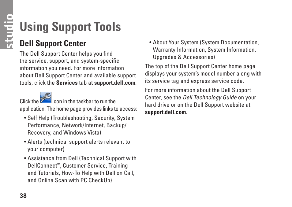 Using support tools, Dell support center | Dell Studio 1440 (Mid 2009) User Manual | Page 40 / 74