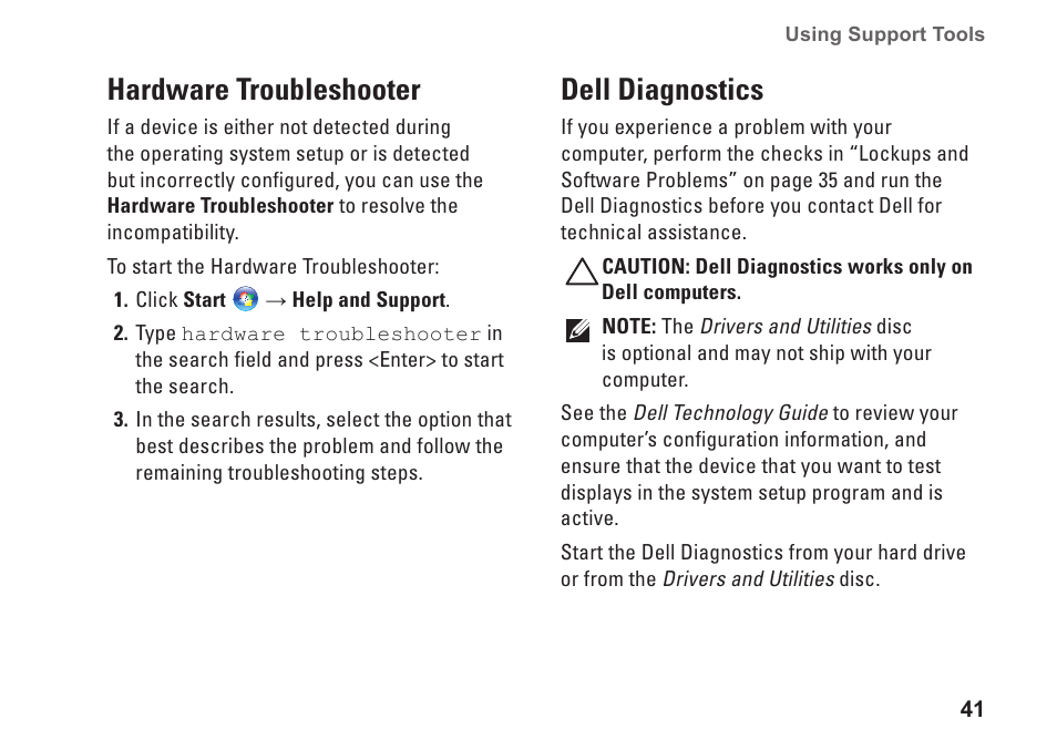 Hardware troubleshooter, Dell diagnostics, Hardware troubleshooter dell diagnostics | Dell Studio 1440 (Mid 2009) User Manual | Page 43 / 74