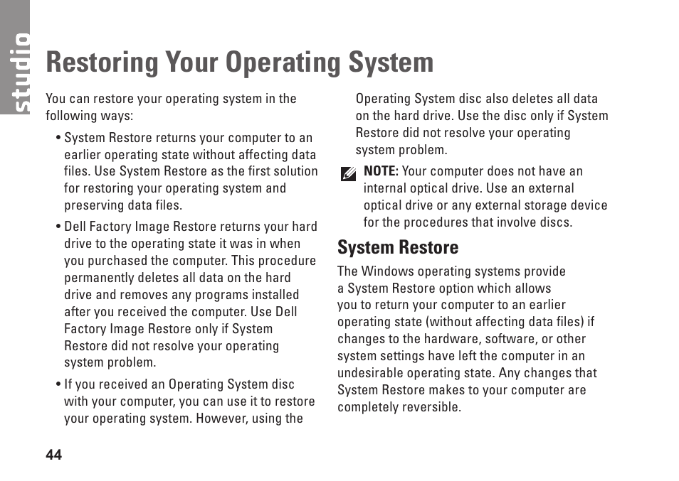 Restoring your operating system, System restore | Dell Studio 1440 (Mid 2009) User Manual | Page 46 / 74