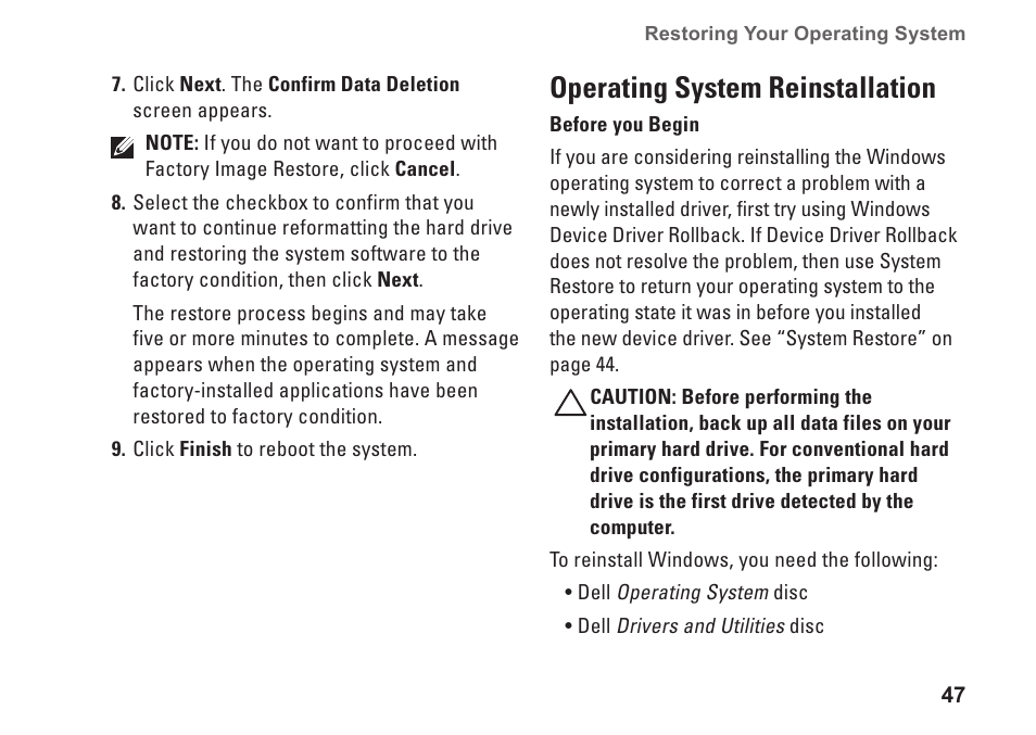 Operating system reinstallation | Dell Studio 1440 (Mid 2009) User Manual | Page 49 / 74