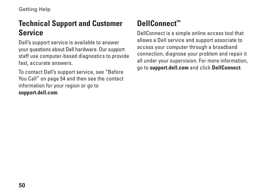 Technical support and customer service, Dellconnect, Technical support and customer | Service dellconnect | Dell Studio 1440 (Mid 2009) User Manual | Page 52 / 74