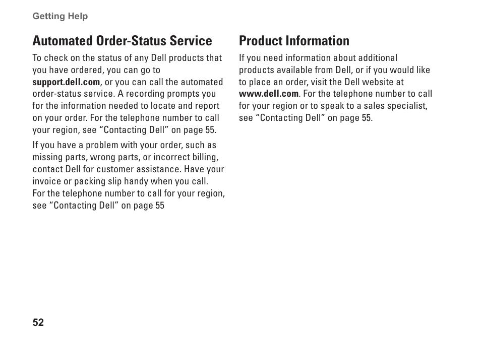 Automated order-status service, Product information, Automated order-status service product information | Dell Studio 1440 (Mid 2009) User Manual | Page 54 / 74