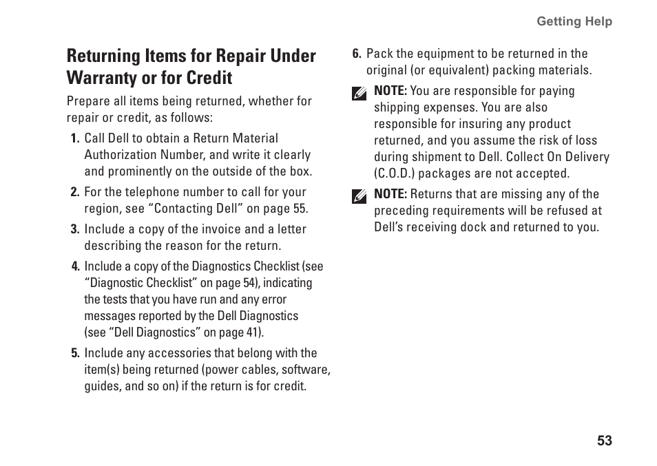 Returning items for repair under, Warranty or for credit | Dell Studio 1440 (Mid 2009) User Manual | Page 55 / 74