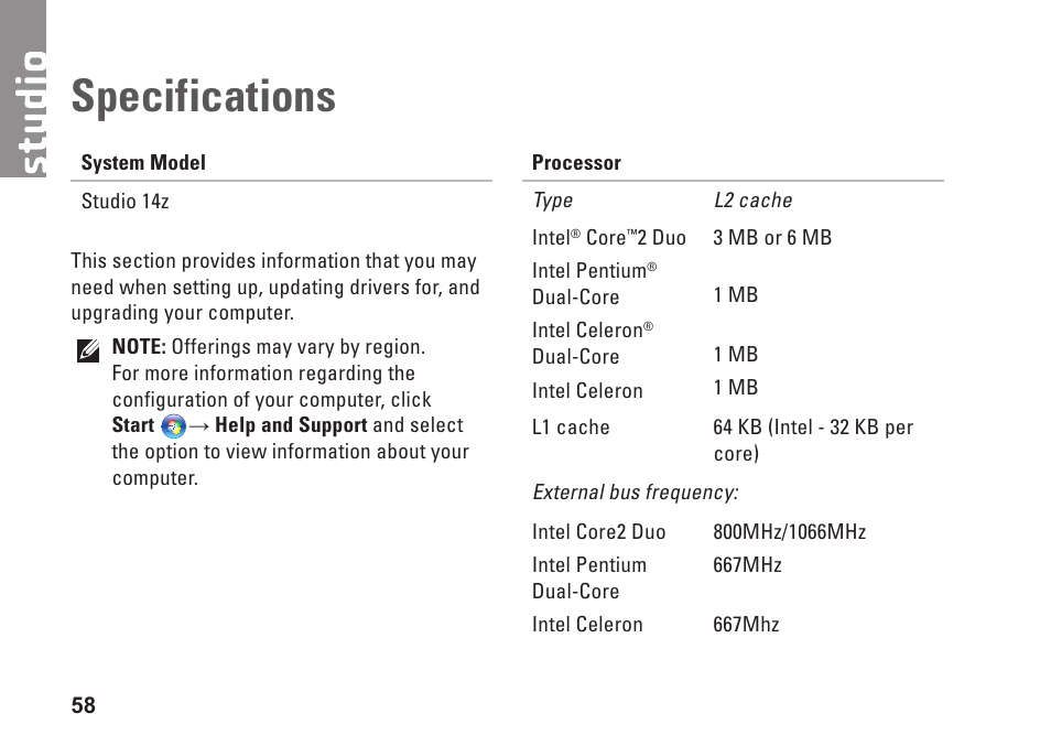 Specifications | Dell Studio 1440 (Mid 2009) User Manual | Page 60 / 74