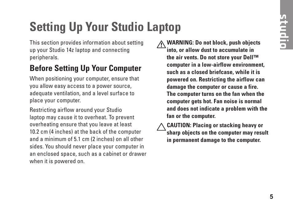 Setting up your studio laptop, Before setting up your computer | Dell Studio 1440 (Mid 2009) User Manual | Page 7 / 74
