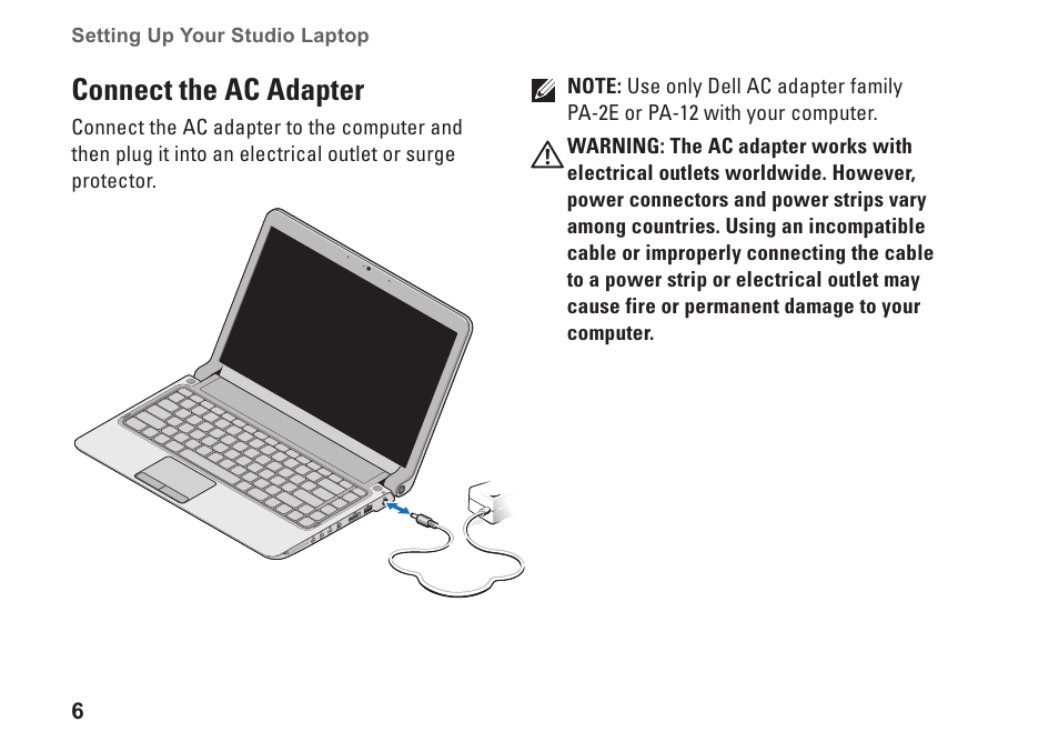 Connect the ac adapter | Dell Studio 1440 (Mid 2009) User Manual | Page 8 / 74