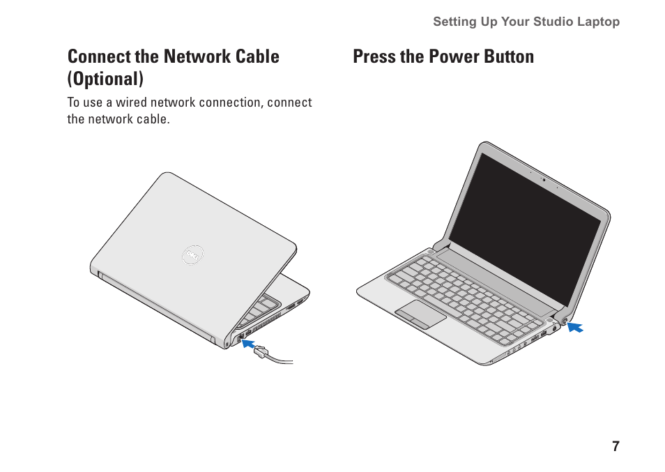 Connect the network cable (optional), Press the power button | Dell Studio 1440 (Mid 2009) User Manual | Page 9 / 74