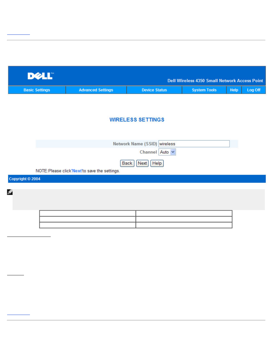 Wireless settings, Wireless security | Dell 4350 Network Access Point User Manual | Page 211 / 252