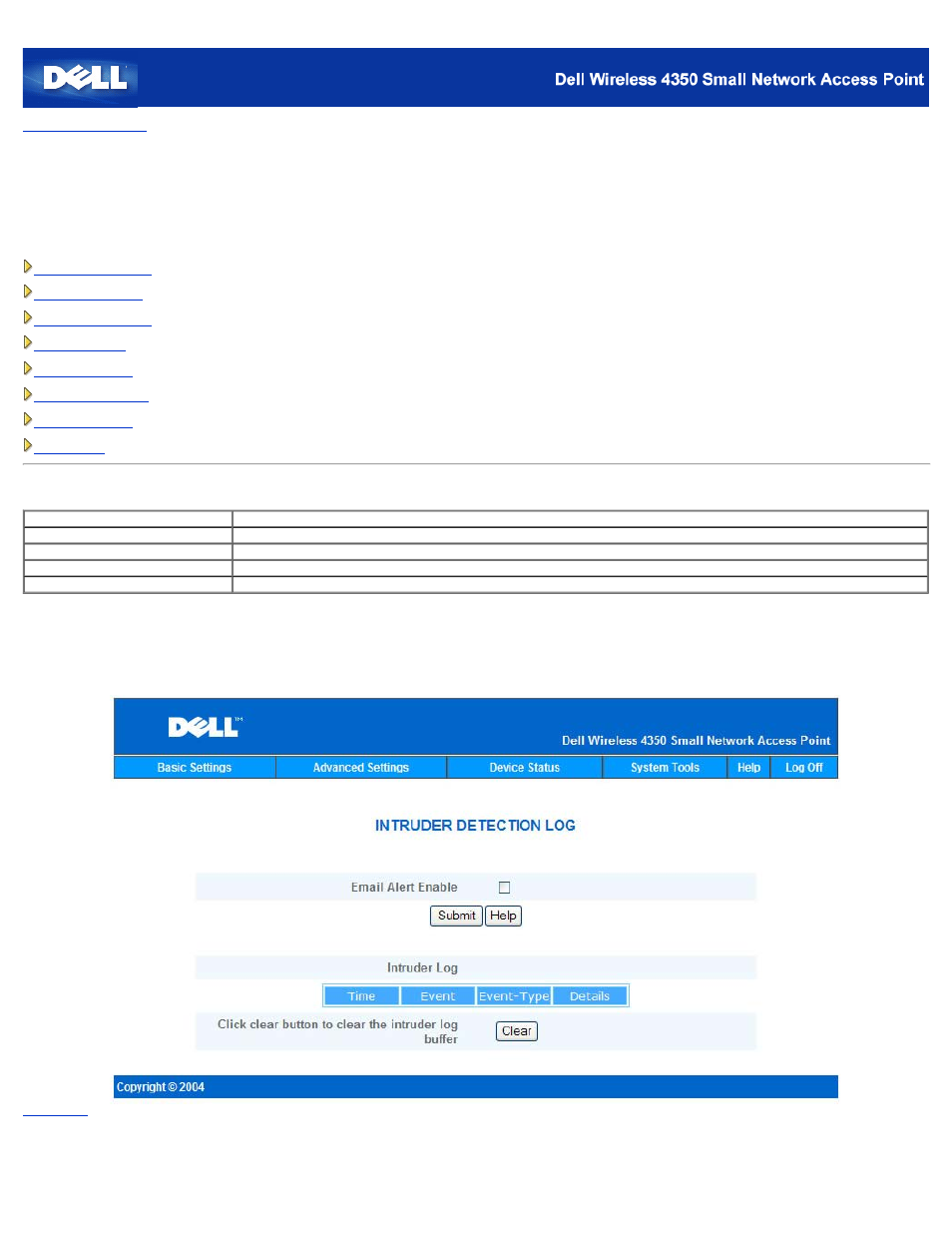 System tools, Intruder detection log, Network activity log | Import/export settings, System statistics | Dell 4350 Network Access Point User Manual | Page 219 / 252