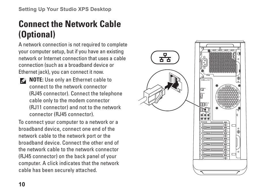 Connect the network cable (optional) | Dell Studio XPS 9100 (Mid 2010) User Manual | Page 12 / 74