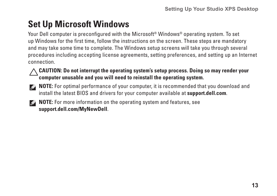 Set up microsoft windows | Dell Studio XPS 9100 (Mid 2010) User Manual | Page 15 / 74