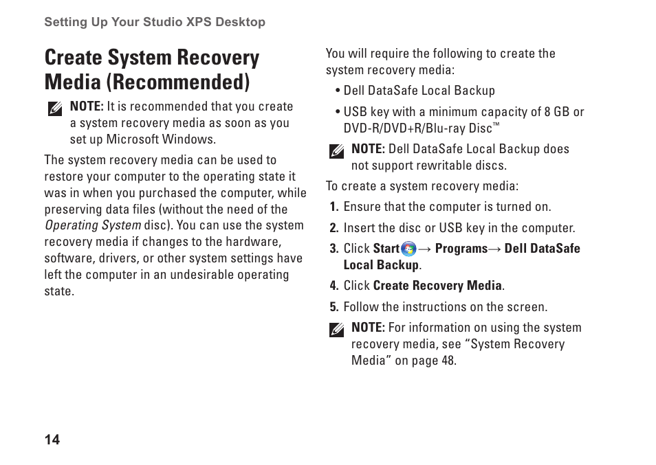 Create system recovery media (recommended), Create system recovery media, Recommended) | Dell Studio XPS 9100 (Mid 2010) User Manual | Page 16 / 74