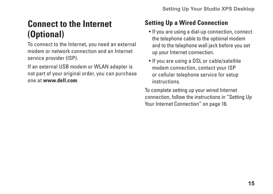 Connect to the internet (optional) | Dell Studio XPS 9100 (Mid 2010) User Manual | Page 17 / 74