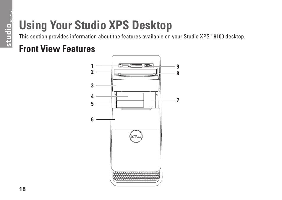 Using your studio xps desktop, Front view features | Dell Studio XPS 9100 (Mid 2010) User Manual | Page 20 / 74