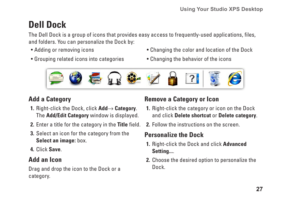 Dell dock | Dell Studio XPS 9100 (Mid 2010) User Manual | Page 29 / 74