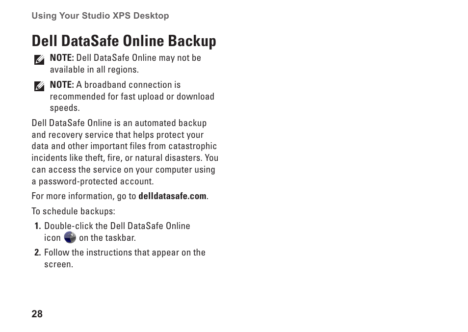 Dell datasafe online backup | Dell Studio XPS 9100 (Mid 2010) User Manual | Page 30 / 74