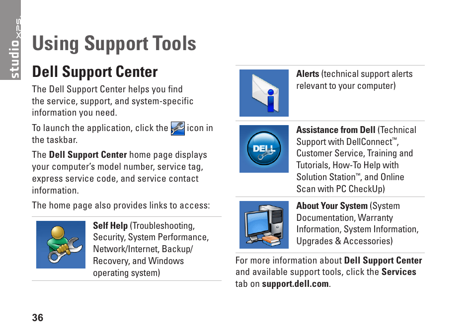 Using support tools, Dell support center | Dell Studio XPS 9100 (Mid 2010) User Manual | Page 38 / 74