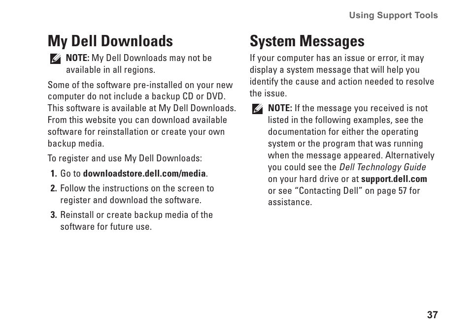My dell downloads, System messages, My dell downloads system messages | Dell Studio XPS 9100 (Mid 2010) User Manual | Page 39 / 74