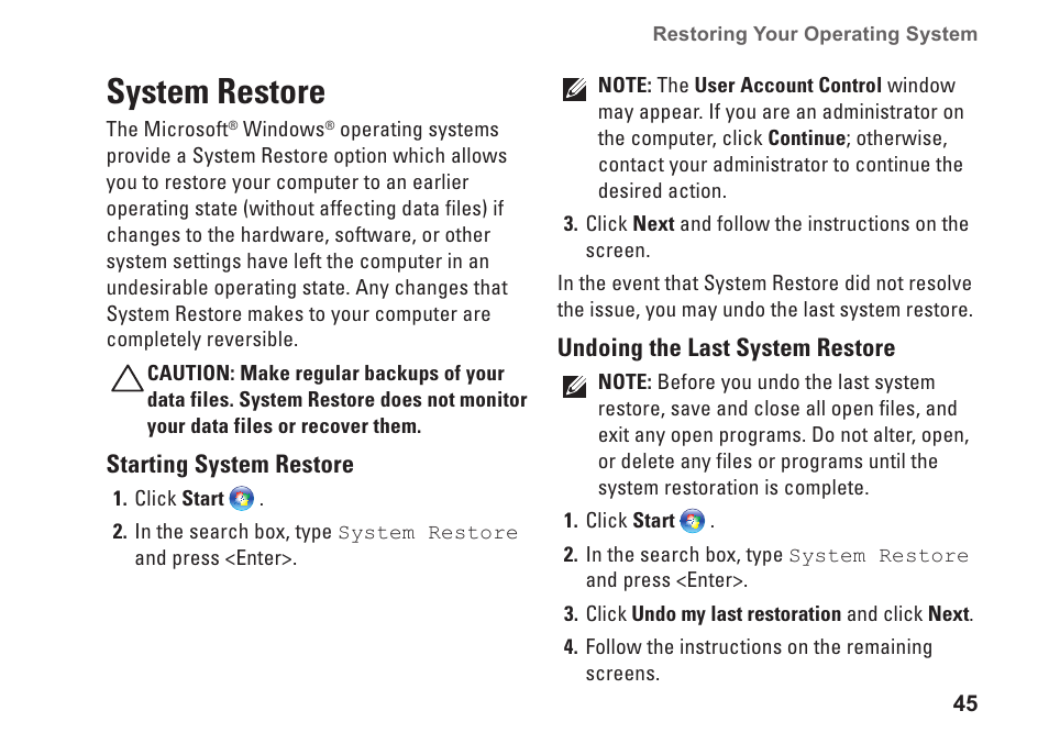 System restore | Dell Studio XPS 9100 (Mid 2010) User Manual | Page 47 / 74