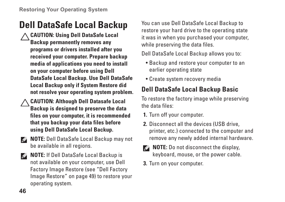 Dell datasafe local backup | Dell Studio XPS 9100 (Mid 2010) User Manual | Page 48 / 74