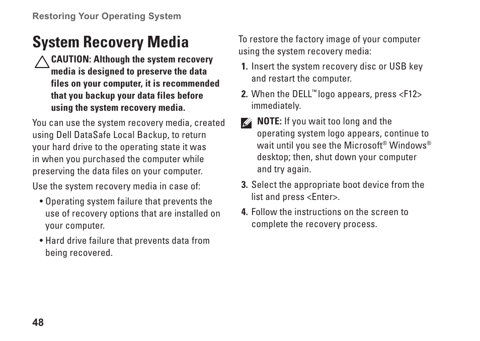 System recovery media | Dell Studio XPS 9100 (Mid 2010) User Manual | Page 50 / 74