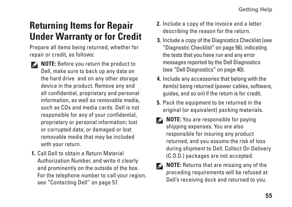 Returning items for repair under, Warranty or for credit | Dell Studio XPS 9100 (Mid 2010) User Manual | Page 57 / 74