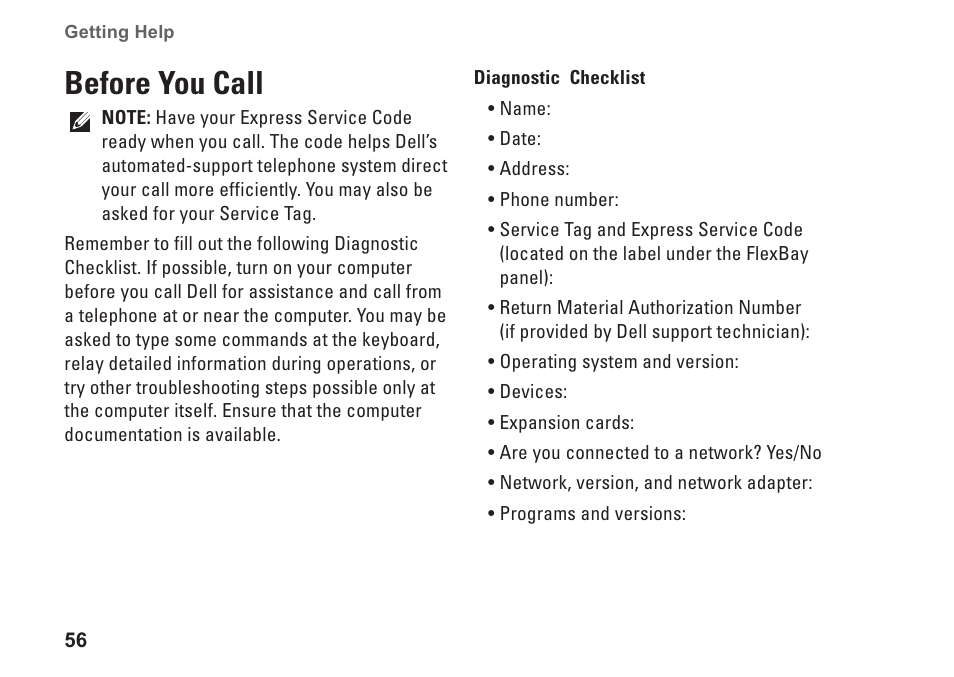 Before you call | Dell Studio XPS 9100 (Mid 2010) User Manual | Page 58 / 74