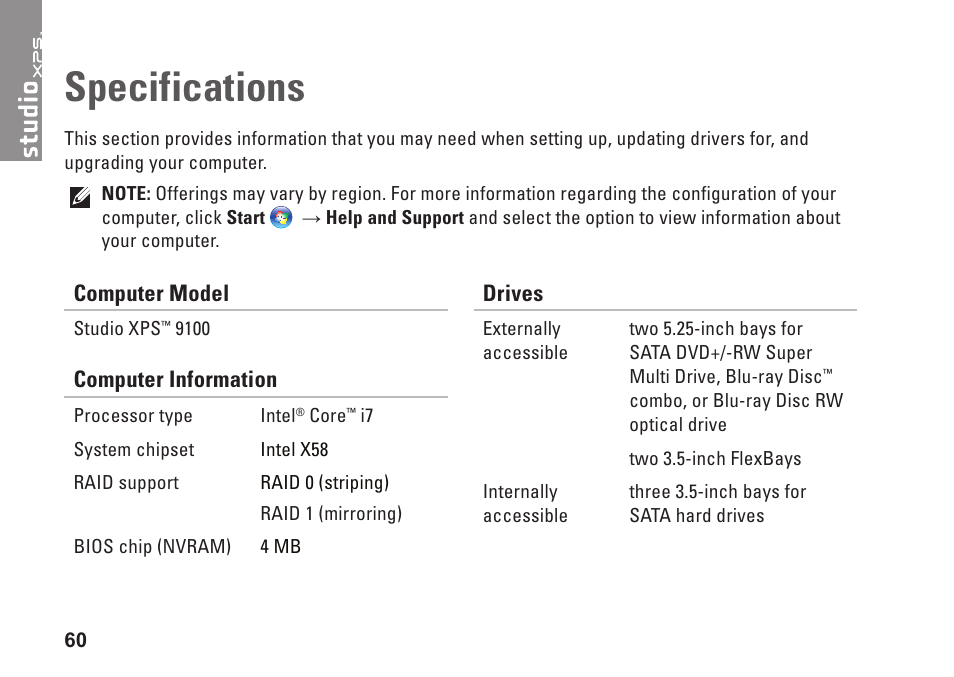 Specifications | Dell Studio XPS 9100 (Mid 2010) User Manual | Page 62 / 74