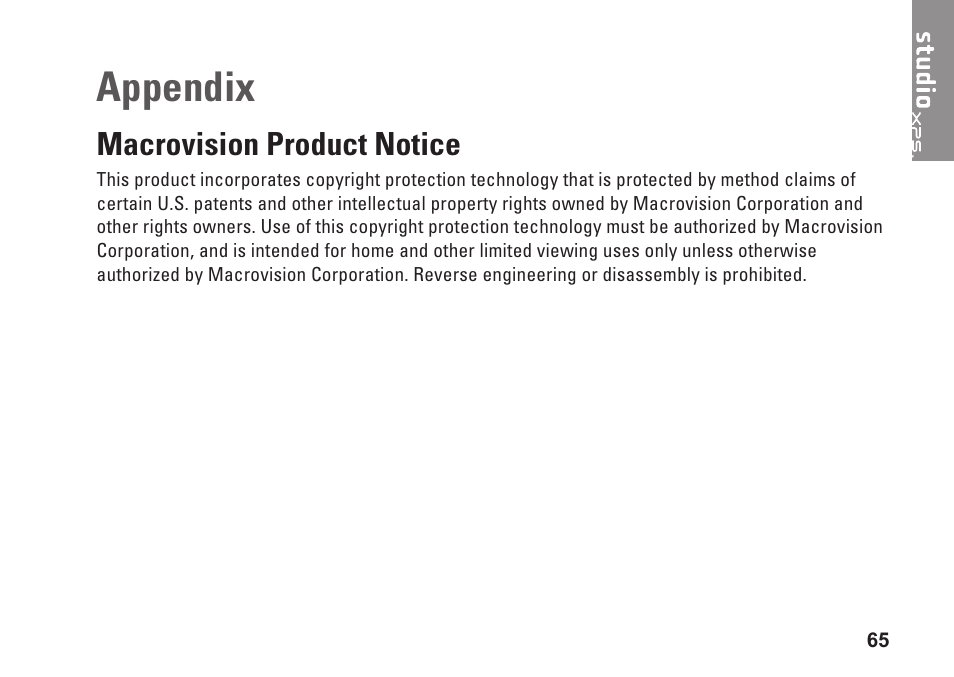 Appendix, Macrovision product notice | Dell Studio XPS 9100 (Mid 2010) User Manual | Page 67 / 74