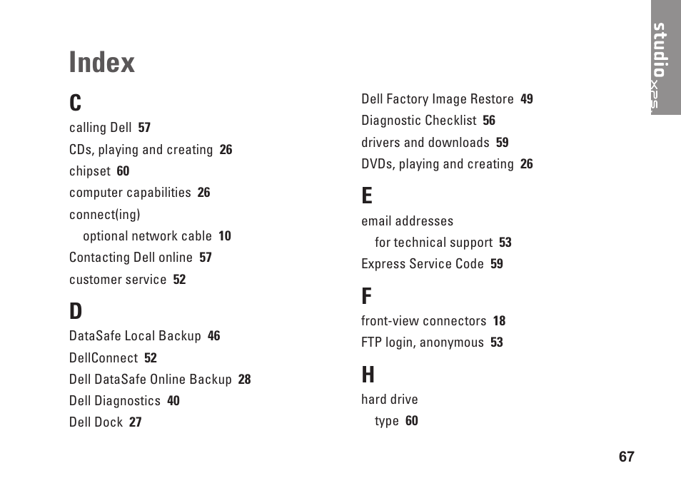 Index | Dell Studio XPS 9100 (Mid 2010) User Manual | Page 69 / 74