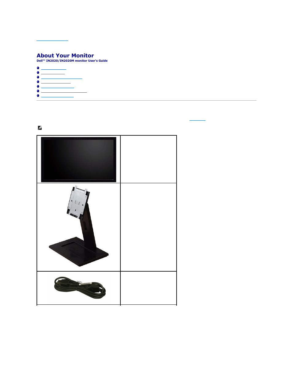 About your monitor, Package contents | Dell IN2020 Monitor User Manual | Page 2 / 32