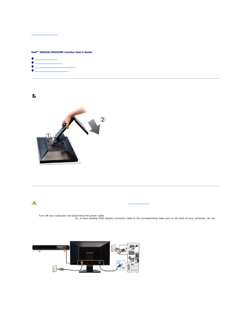 Setting up the monitor, Attaching the base, Connecting the monitor | Connecting the blue vga cable, Connecting the white dvi cable* (for in2020m only) | Dell IN2020 Monitor User Manual | Page 26 / 32