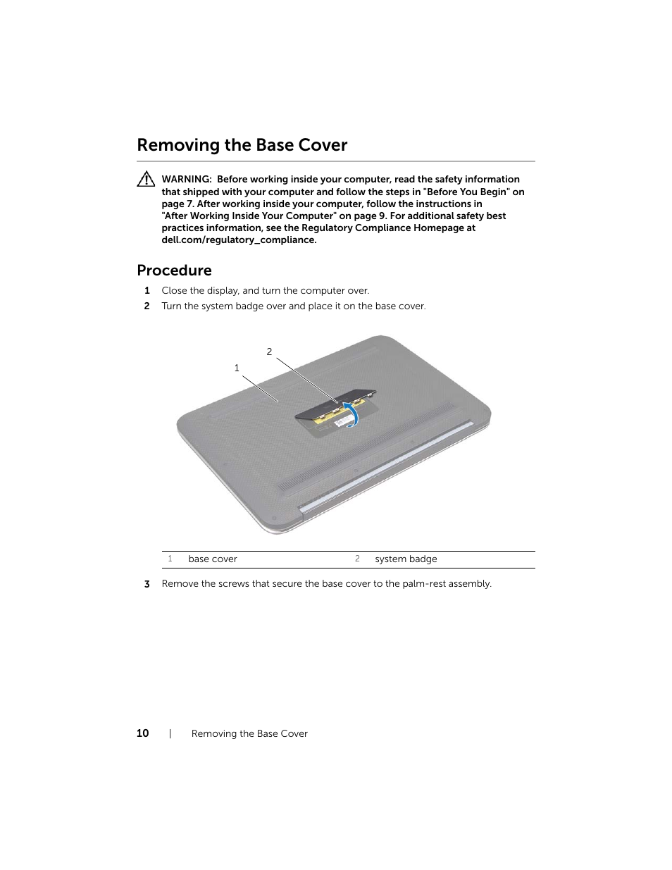Removing the base cover, Procedure | Dell XPS 12 (9Q23, Late 2012) User Manual | Page 10 / 66