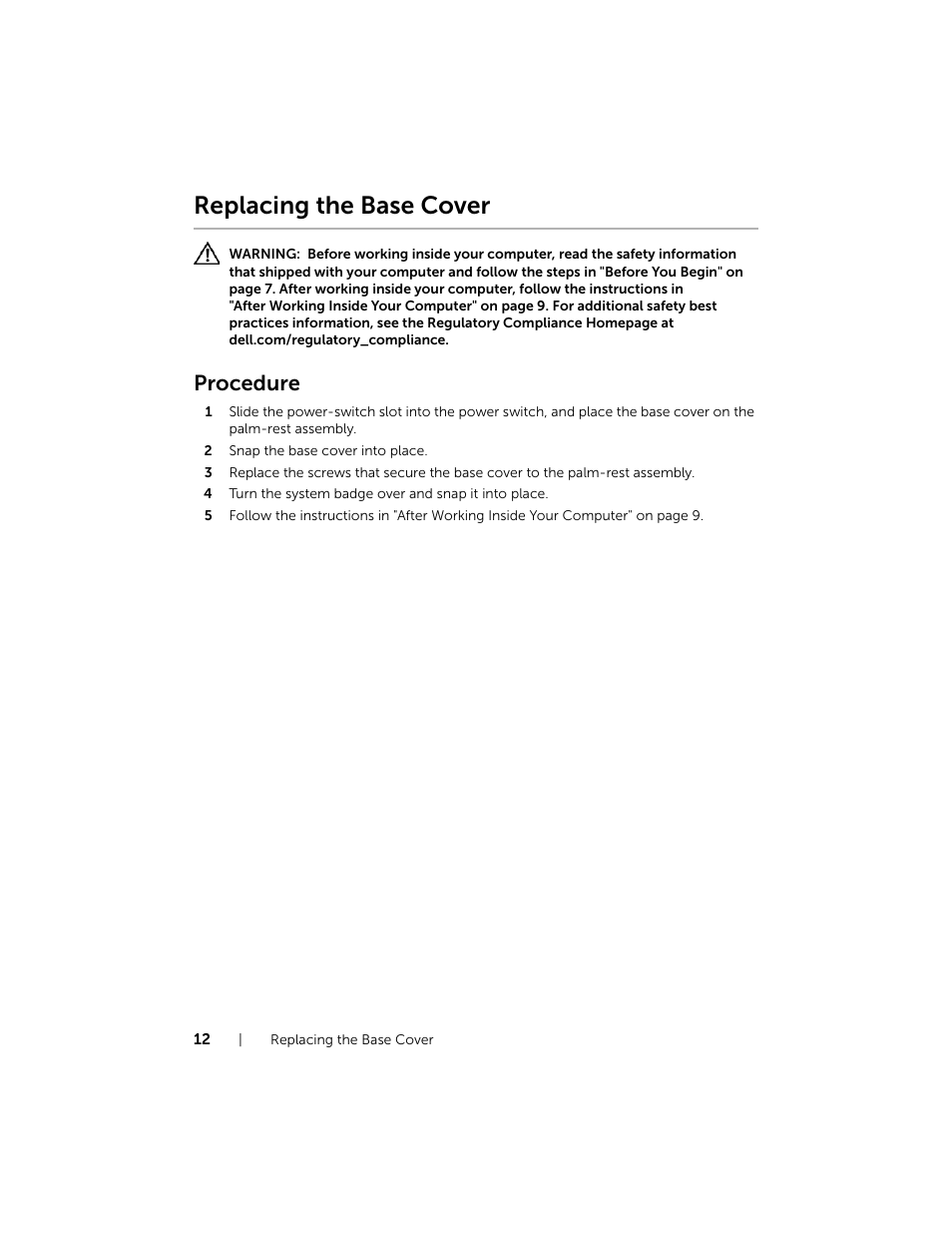 Replacing the base cover, Procedure | Dell XPS 12 (9Q23, Late 2012) User Manual | Page 12 / 66
