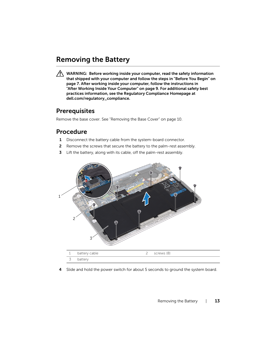 Removing the battery, Prerequisites, Procedure | Dell XPS 12 (9Q23, Late 2012) User Manual | Page 13 / 66