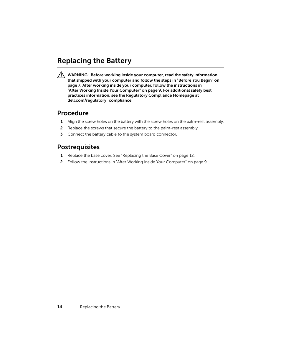 Replacing the battery, Procedure, Postrequisites | Dell XPS 12 (9Q23, Late 2012) User Manual | Page 14 / 66