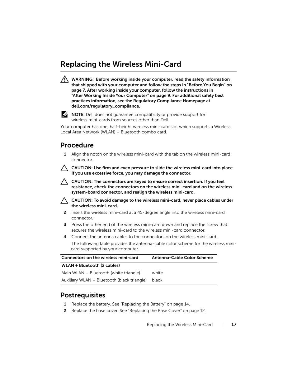 Replacing the wireless mini-card, Procedure, Postrequisites | Dell XPS 12 (9Q23, Late 2012) User Manual | Page 17 / 66