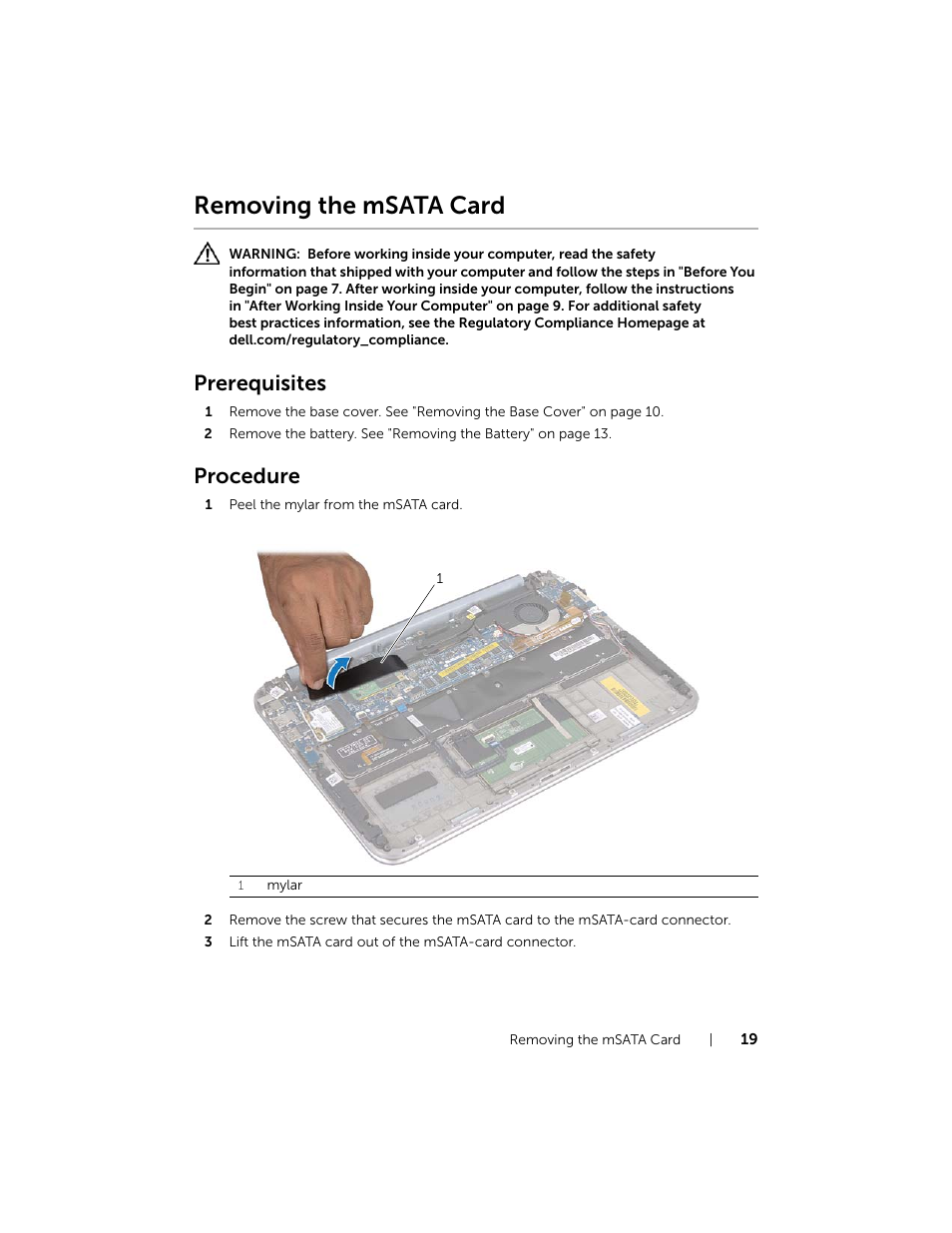 Removing the msata card, Prerequisites, Procedure | Dell XPS 12 (9Q23, Late 2012) User Manual | Page 19 / 66