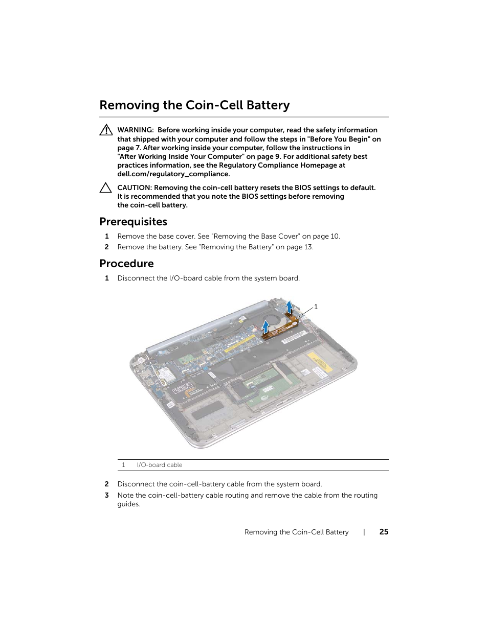 Removing the coin-cell battery, Prerequisites, Procedure | Dell XPS 12 (9Q23, Late 2012) User Manual | Page 25 / 66