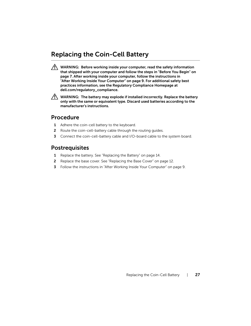 Replacing the coin-cell battery, Procedure, Postrequisites | Dell XPS 12 (9Q23, Late 2012) User Manual | Page 27 / 66