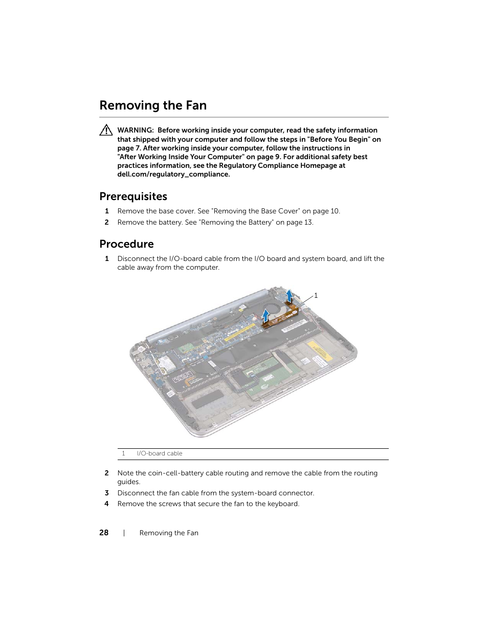 Removing the fan, Prerequisites, Procedure | Dell XPS 12 (9Q23, Late 2012) User Manual | Page 28 / 66