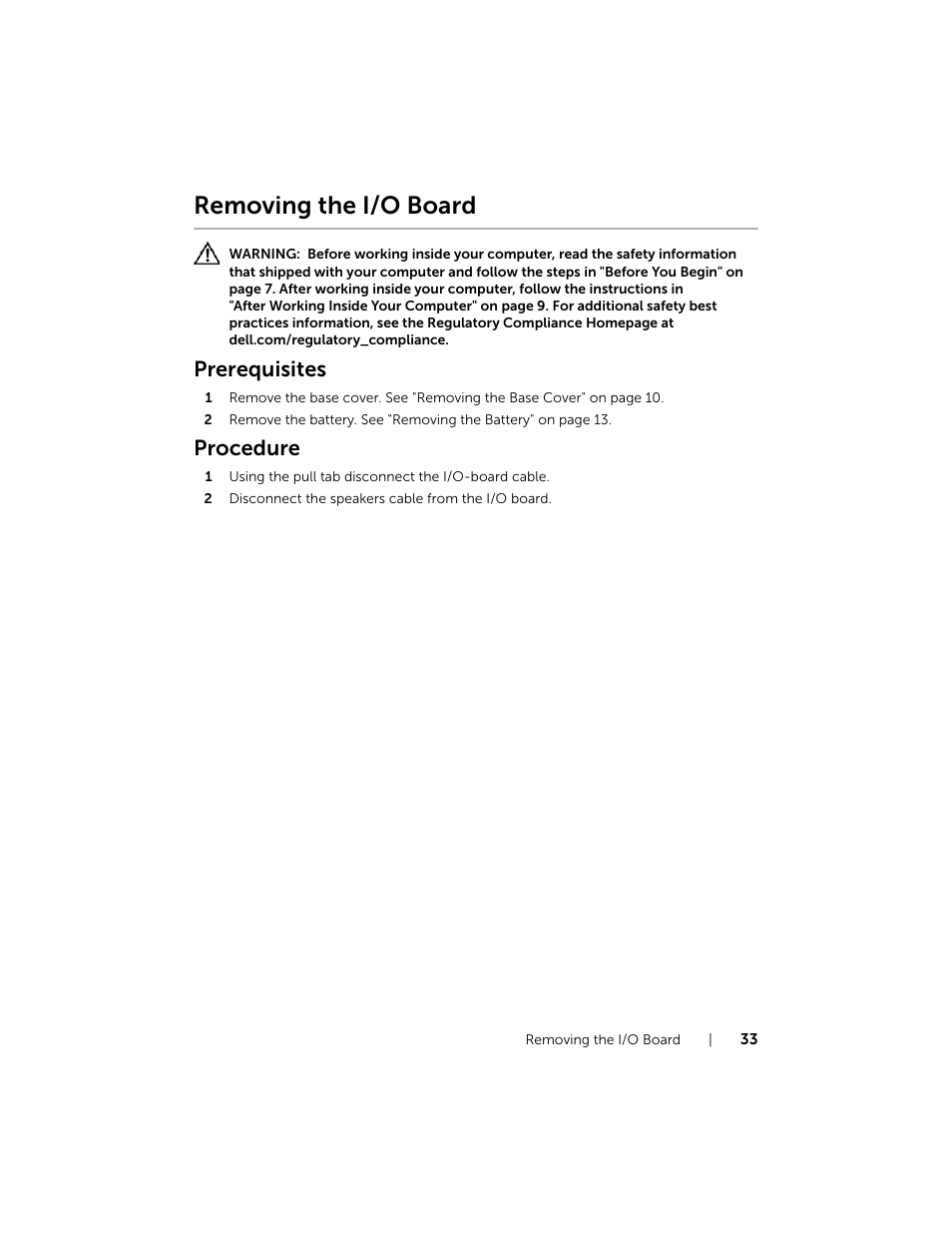 Removing the i/o board, Prerequisites, Procedure | Dell XPS 12 (9Q23, Late 2012) User Manual | Page 33 / 66