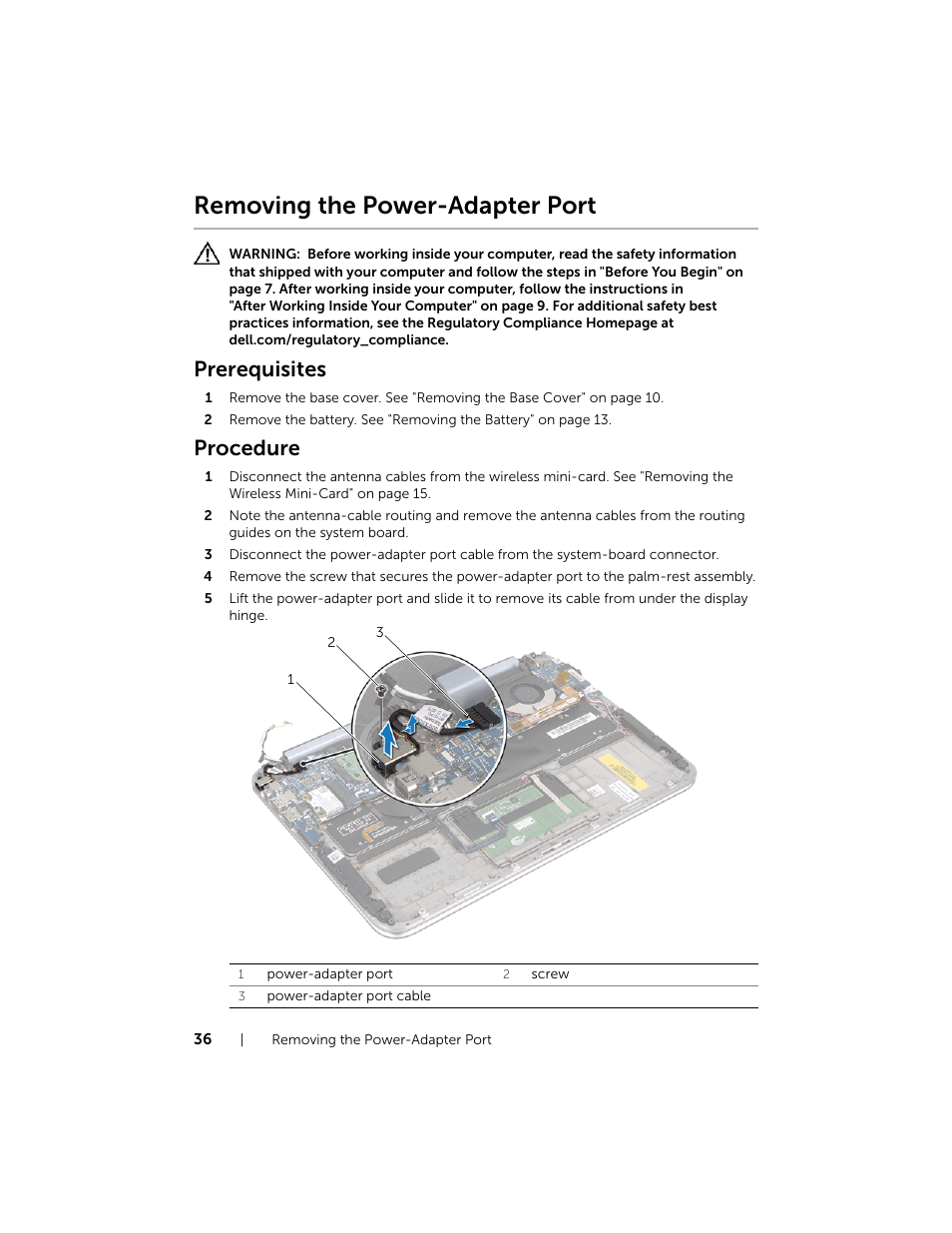 Removing the power-adapter port, Prerequisites, Procedure | Dell XPS 12 (9Q23, Late 2012) User Manual | Page 36 / 66