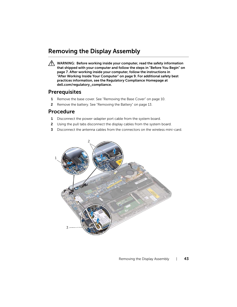 Removing the display assembly, Prerequisites, Procedure | Dell XPS 12 (9Q23, Late 2012) User Manual | Page 43 / 66