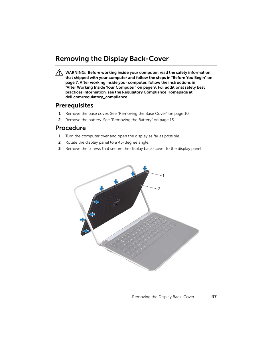 Removing the display back-cover, Prerequisites, Procedure | Dell XPS 12 (9Q23, Late 2012) User Manual | Page 47 / 66