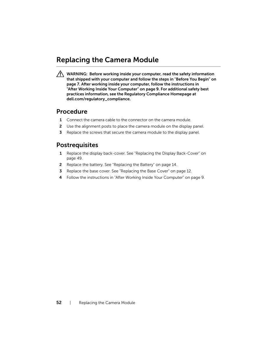 Replacing the camera module, Procedure, Postrequisites | Dell XPS 12 (9Q23, Late 2012) User Manual | Page 52 / 66