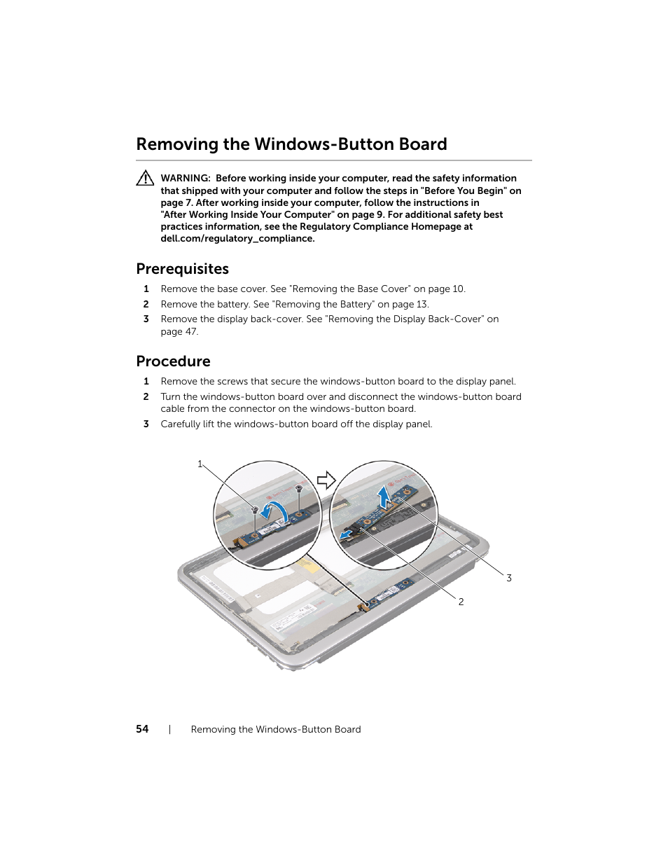 Removing the windows-button board, Prerequisites, Procedure | Dell XPS 12 (9Q23, Late 2012) User Manual | Page 54 / 66